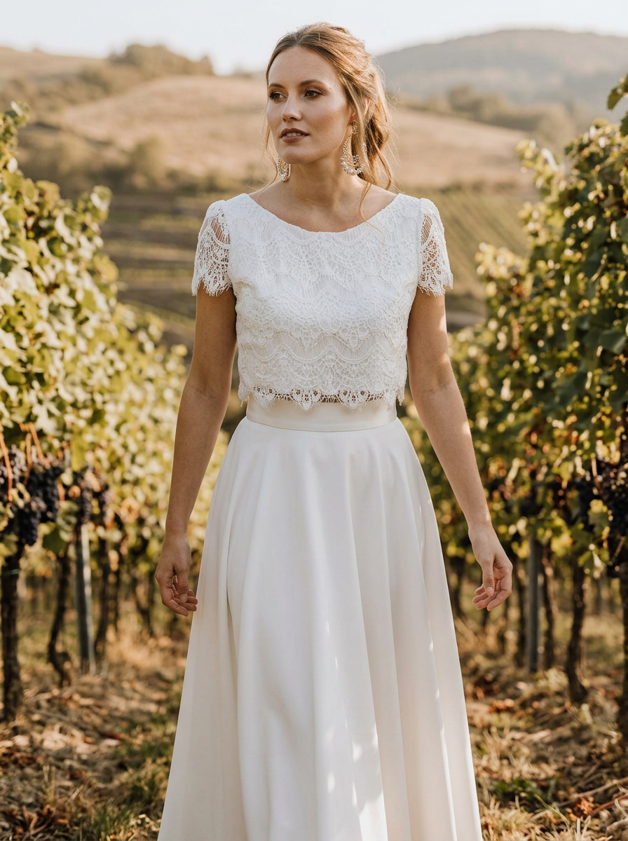 Brautkleid für die Weinberghochzeit, leichter Zweiteiler mit Spitze – Ansicht 4