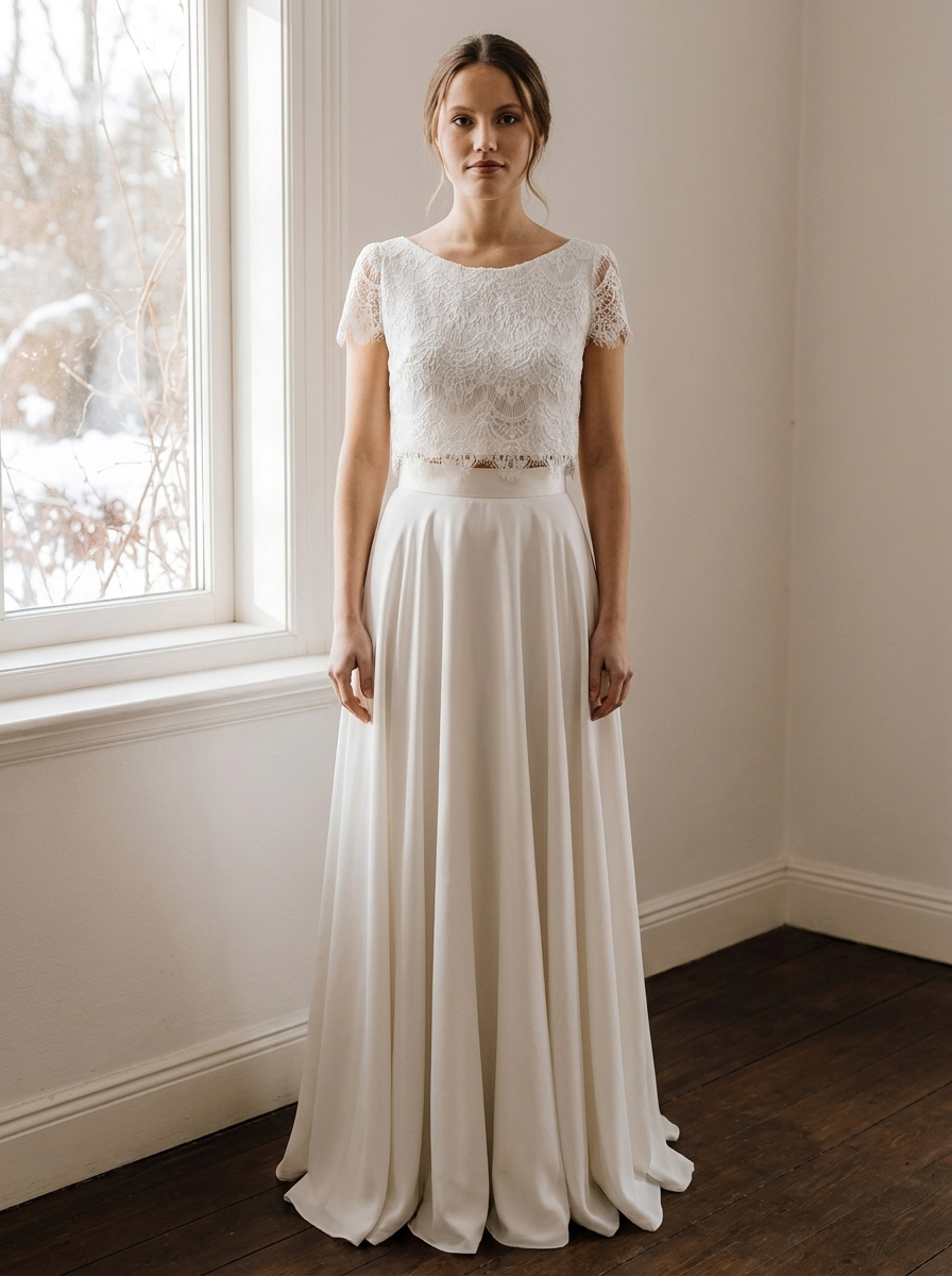 Winterbrautkleid Zweiteilig mit Spitzenoberteil und langem Rock – Ansicht 1