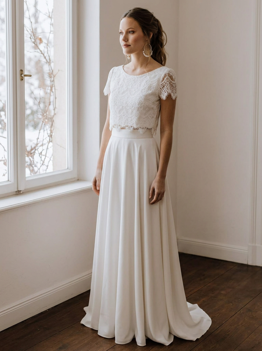 Winterbrautkleid Zweiteilig mit Spitzenoberteil und langem Rock – Ansicht 2