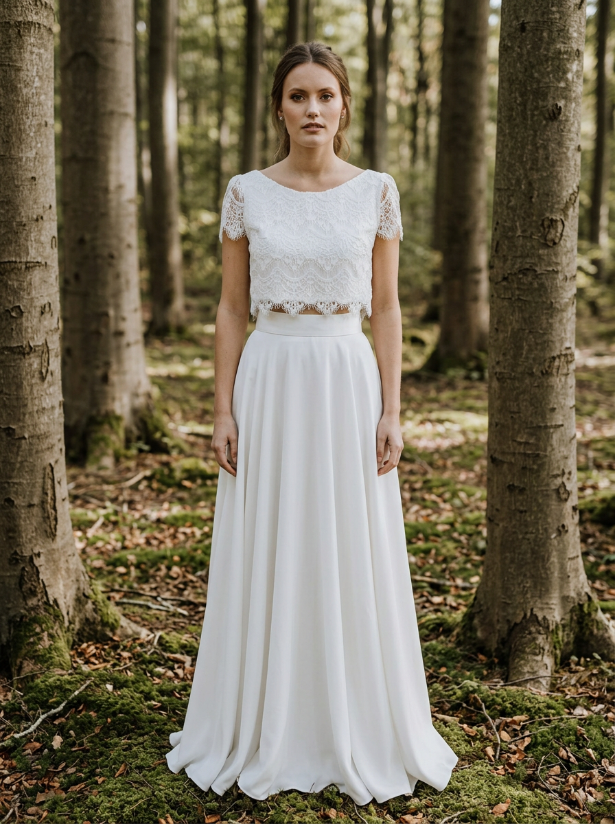 Brautkleid für die Waldhochzeit, natürlicher Zweiteiler mit Spitze – Ansicht 1