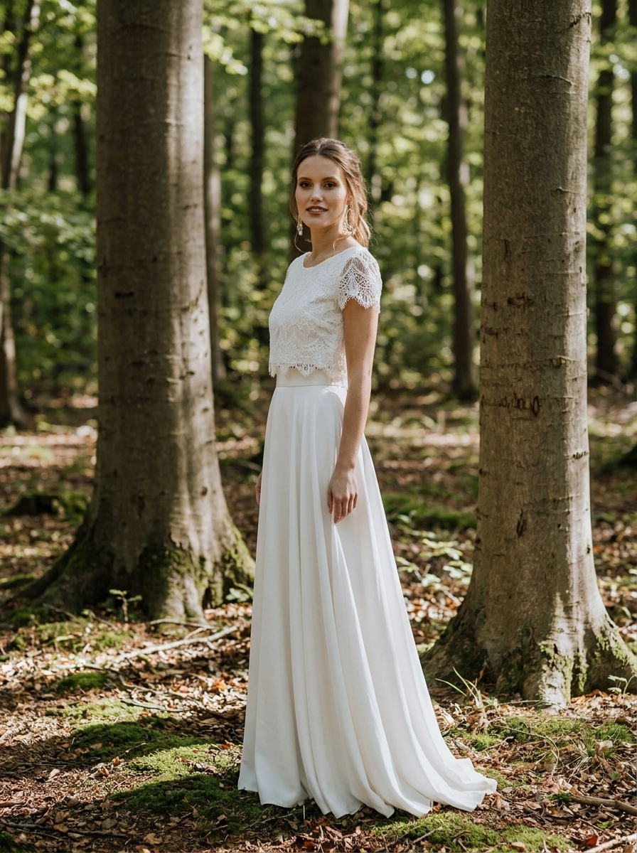 Brautkleid für die Waldhochzeit, natürlicher Zweiteiler mit Spitze – Ansicht 2