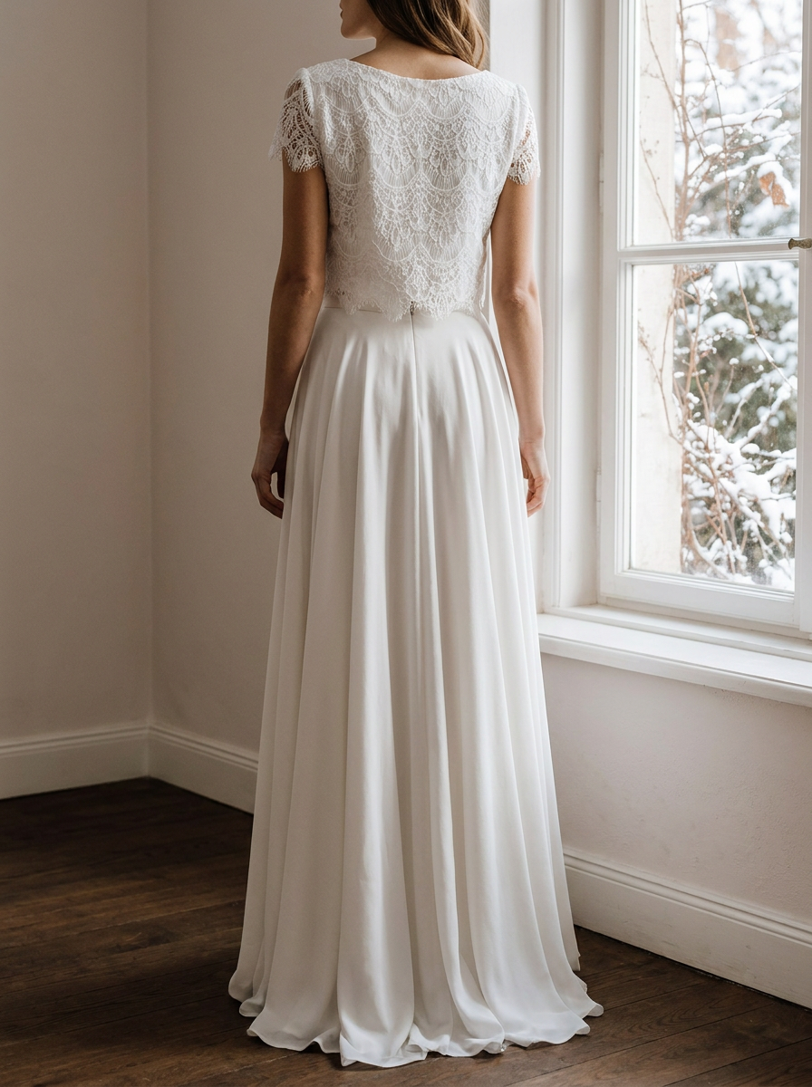 Winterbrautkleid Zweiteilig mit Spitzenoberteil und langem Rock – Ansicht 3