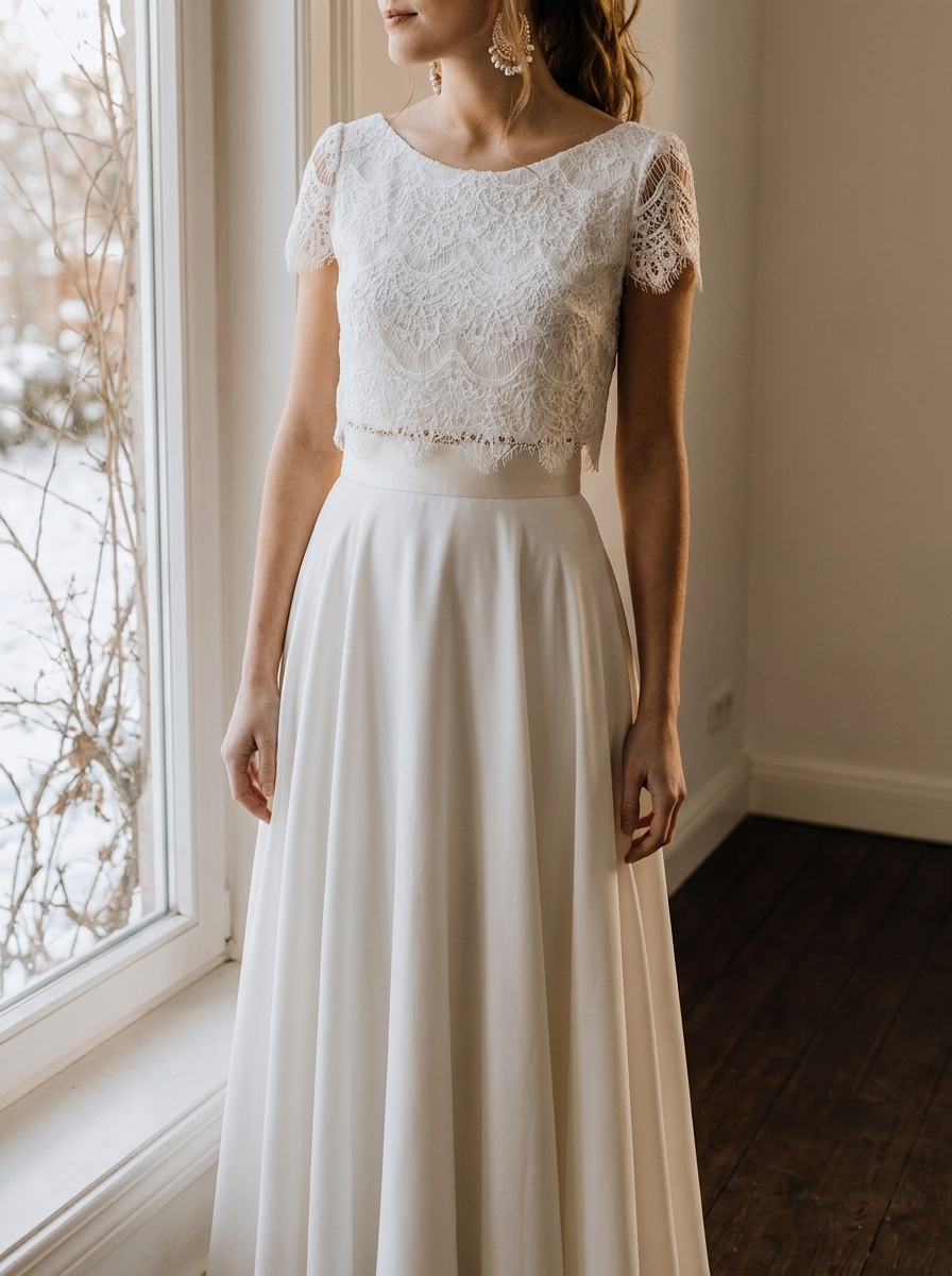 Winterbrautkleid Zweiteilig mit Spitzenoberteil und langem Rock – Ansicht 4
