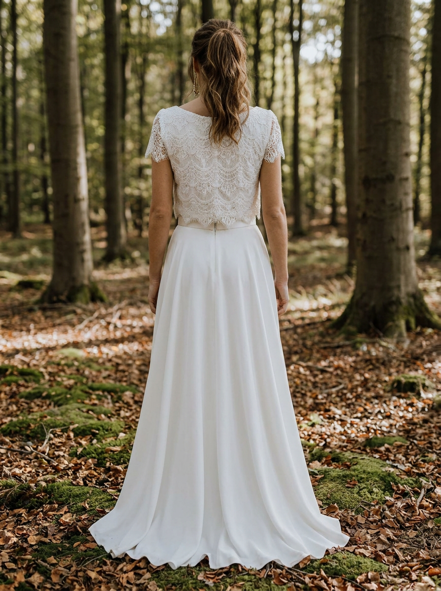 Brautkleid für die Waldhochzeit, natürlicher Zweiteiler mit Spitze – Ansicht 3