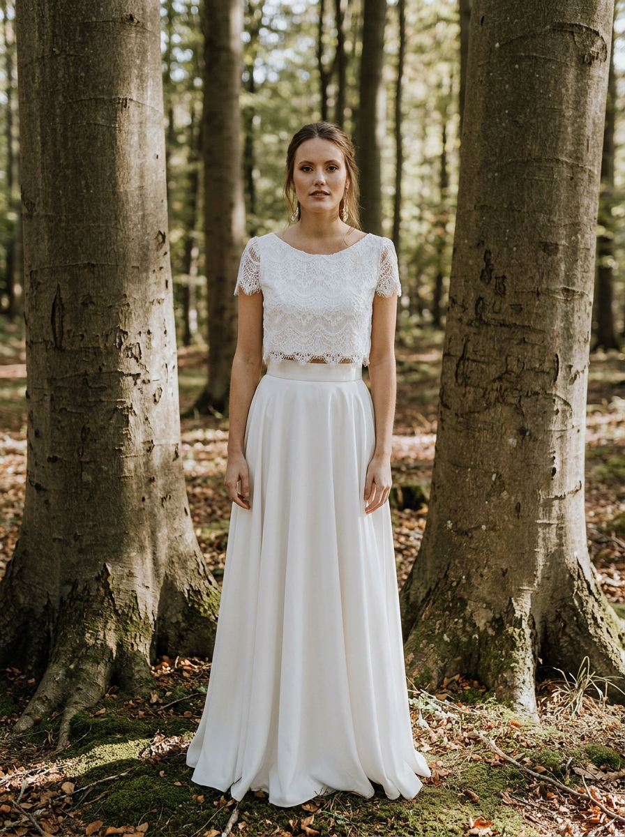Brautkleid für die Waldhochzeit, natürlicher Zweiteiler mit Spitze – Ansicht 4