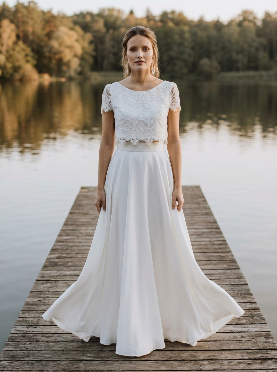 Brautkleid für die Hochzeit am See, luftiger Zweiteiler mit Spitze – Ansicht 1