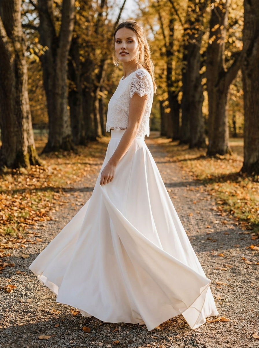 Herbstbrautkleid Zweiteilig, Spitzenoberteil und fließender Rock – Ansicht 2