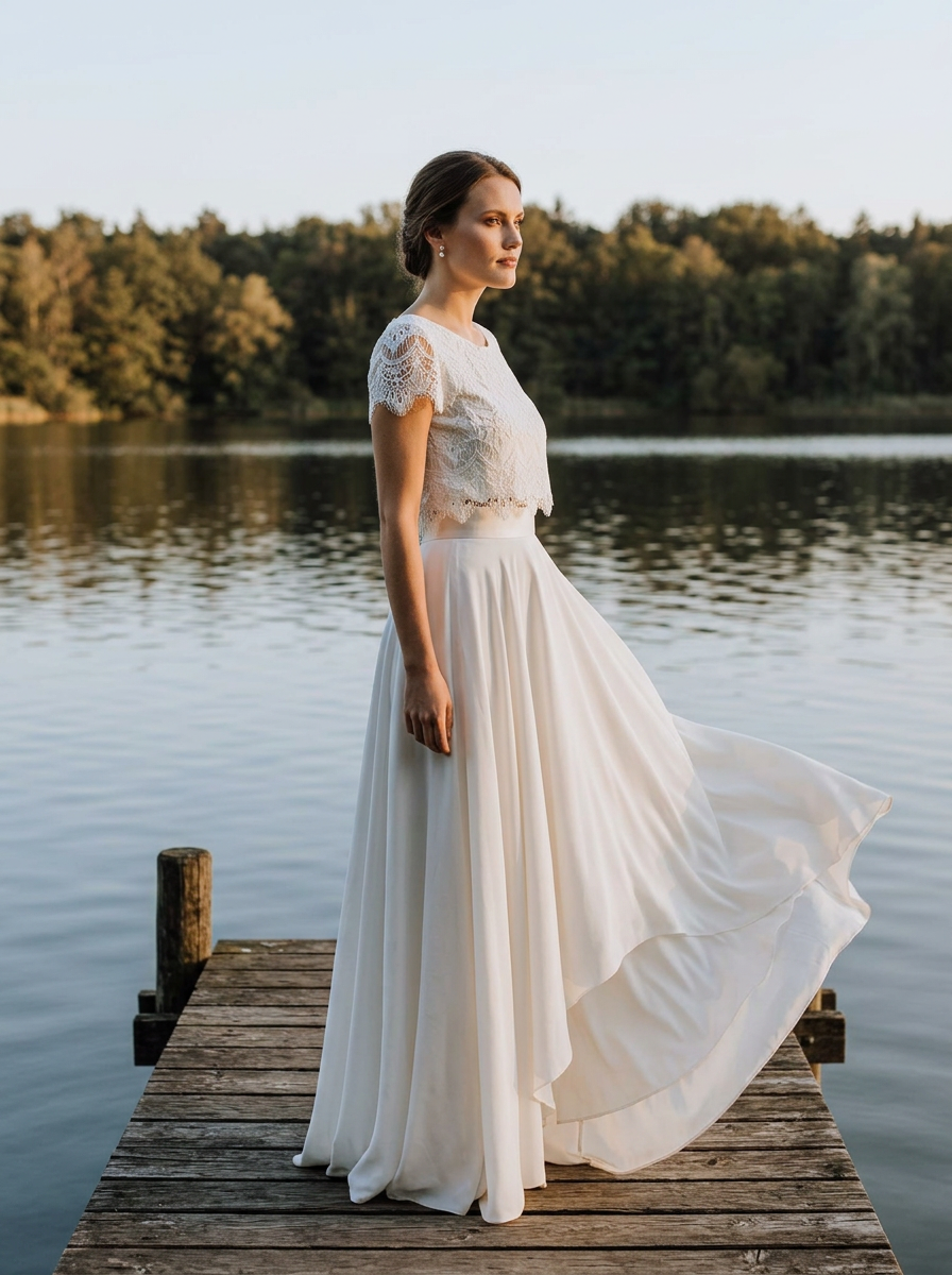 Brautkleid für die Hochzeit am See, luftiger Zweiteiler mit Spitze – Ansicht 2