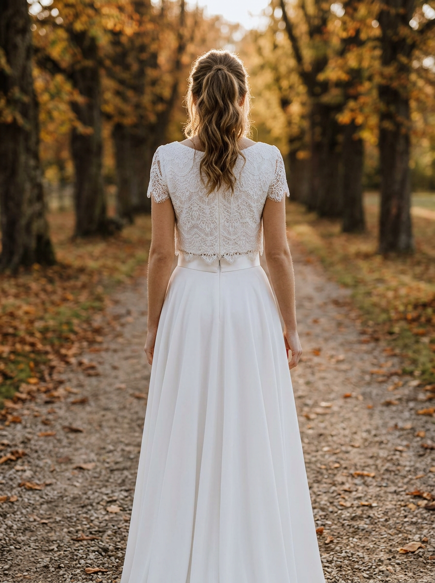 Herbstbrautkleid Zweiteilig, Spitzenoberteil und fließender Rock – Ansicht 3