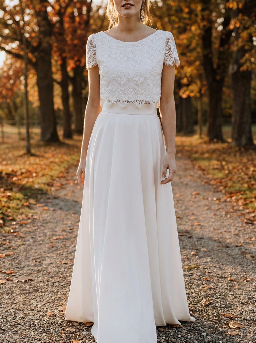 Herbstbrautkleid Zweiteilig, Spitzenoberteil und fließender Rock – Ansicht 4