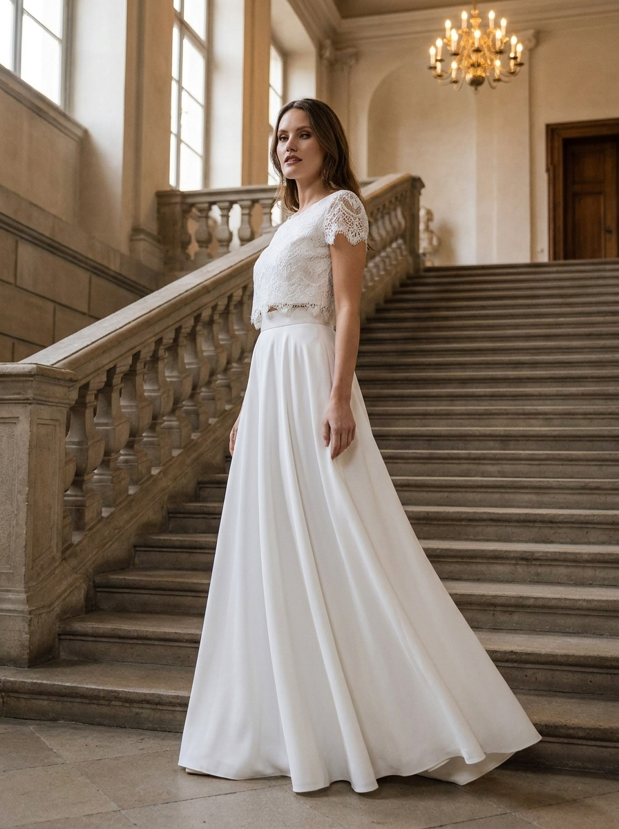 Brautkleid für die Schlosshochzeit, eleganter Zweiteiler mit Spitze – Ansicht 2