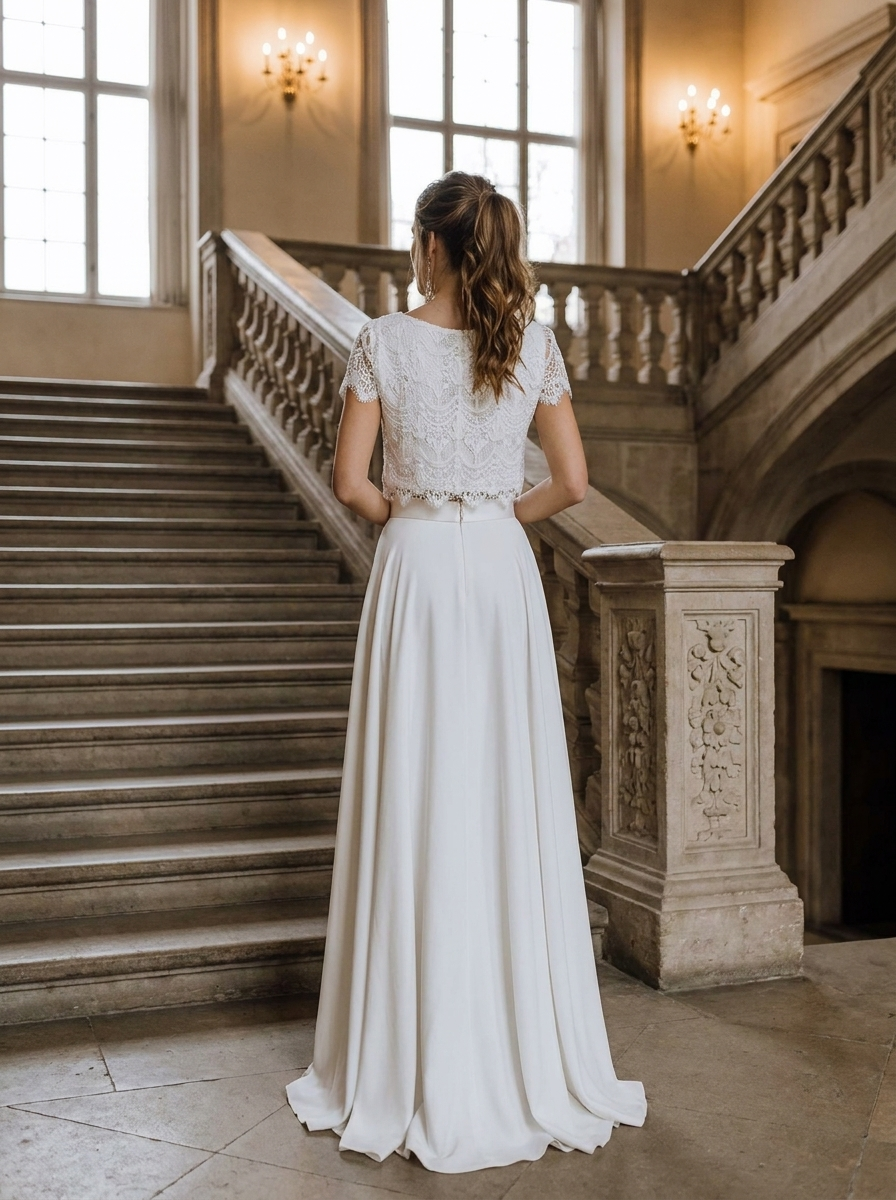 Brautkleid für die Schlosshochzeit, eleganter Zweiteiler mit Spitze – Ansicht 3