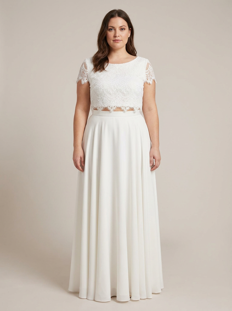 Brautkleid Größe 48 bis 56, weit geschnittener Zweiteiler mit Spitze – Ansicht 1