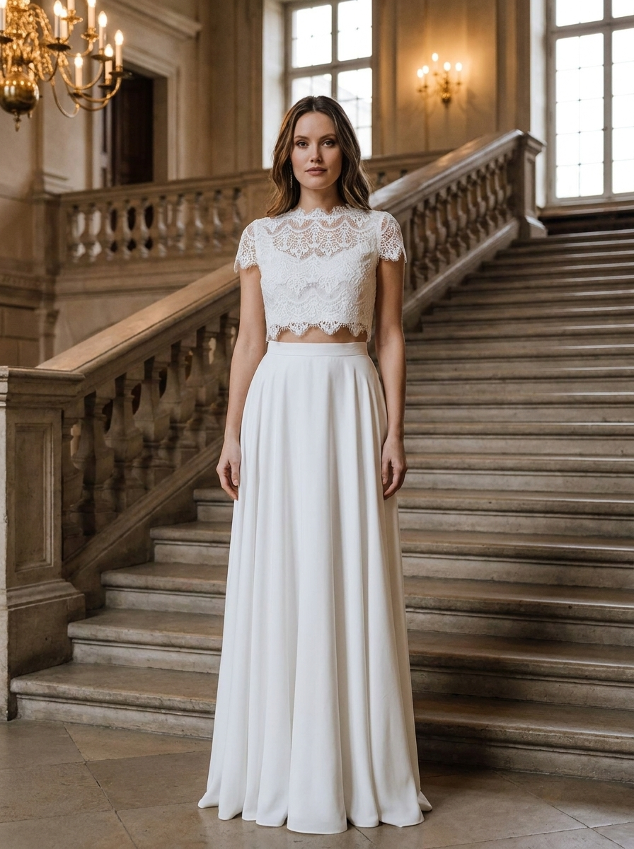 Brautkleid für die Schlosshochzeit, eleganter Zweiteiler mit Spitze – Ansicht 4