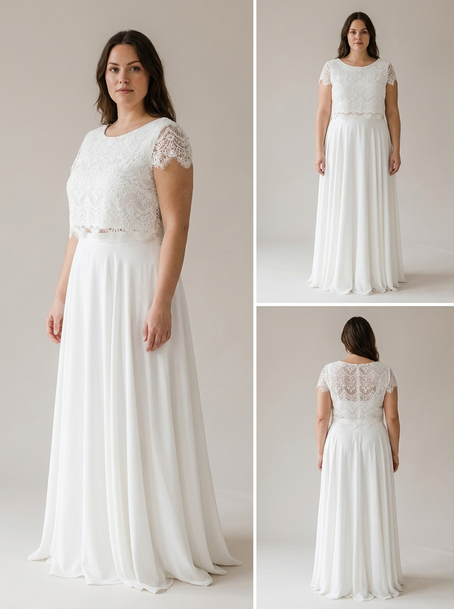 Brautkleid Größe 48 bis 56, weit geschnittener Zweiteiler mit Spitze – Ansicht 2