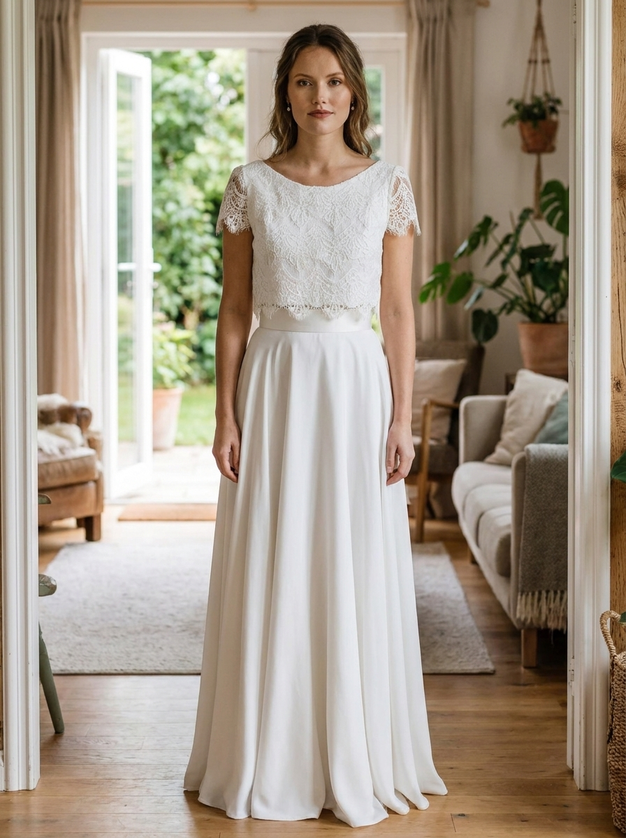 Brautkleid für die Hochzeit zu Hause, schlichter Zweiteiler – Ansicht 1