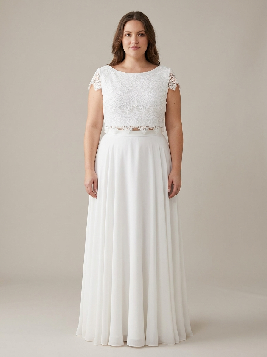 Brautkleid Größe 48 bis 56, weit geschnittener Zweiteiler mit Spitze – Ansicht 4