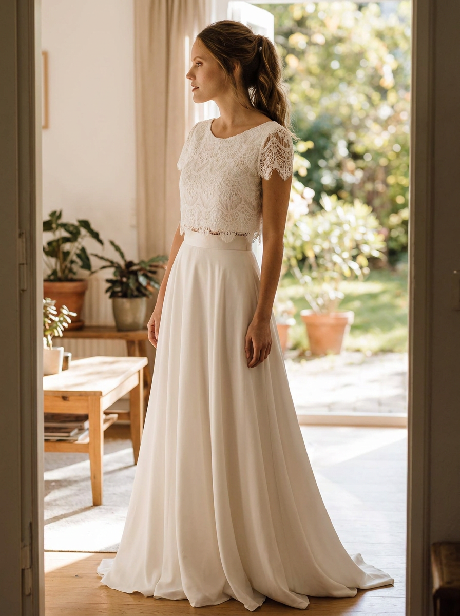 Brautkleid für die Hochzeit zu Hause, schlichter Zweiteiler – Ansicht 2