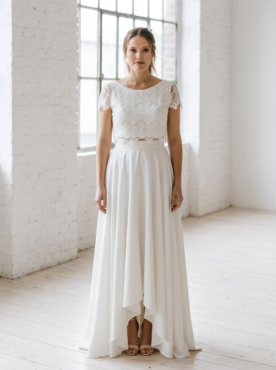 Brautkleid ohne Korsett, Zweiteiler mit weichem Spitzenoberteil – Ansicht 1