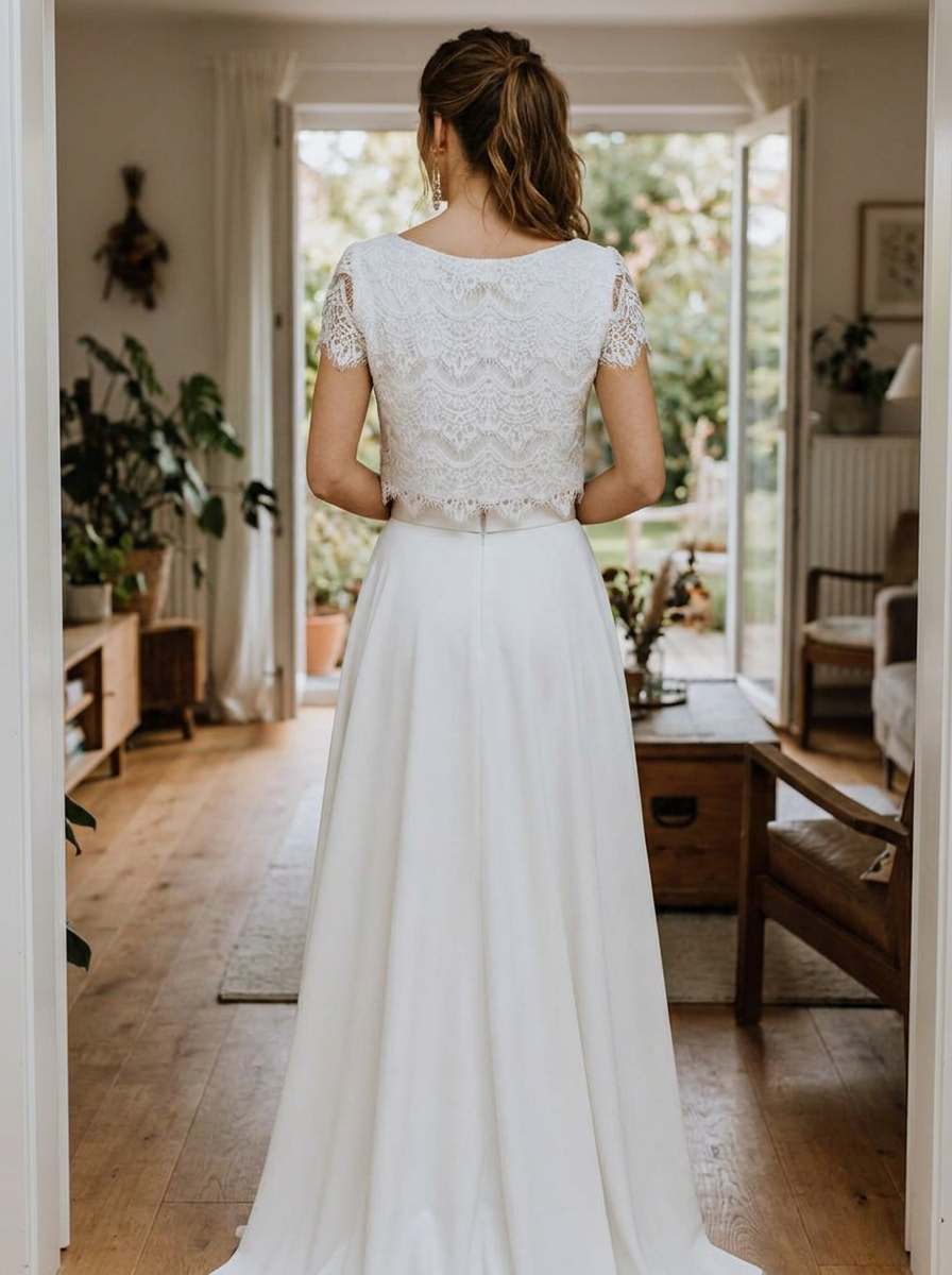 Brautkleid für die Hochzeit zu Hause, schlichter Zweiteiler – Ansicht 3