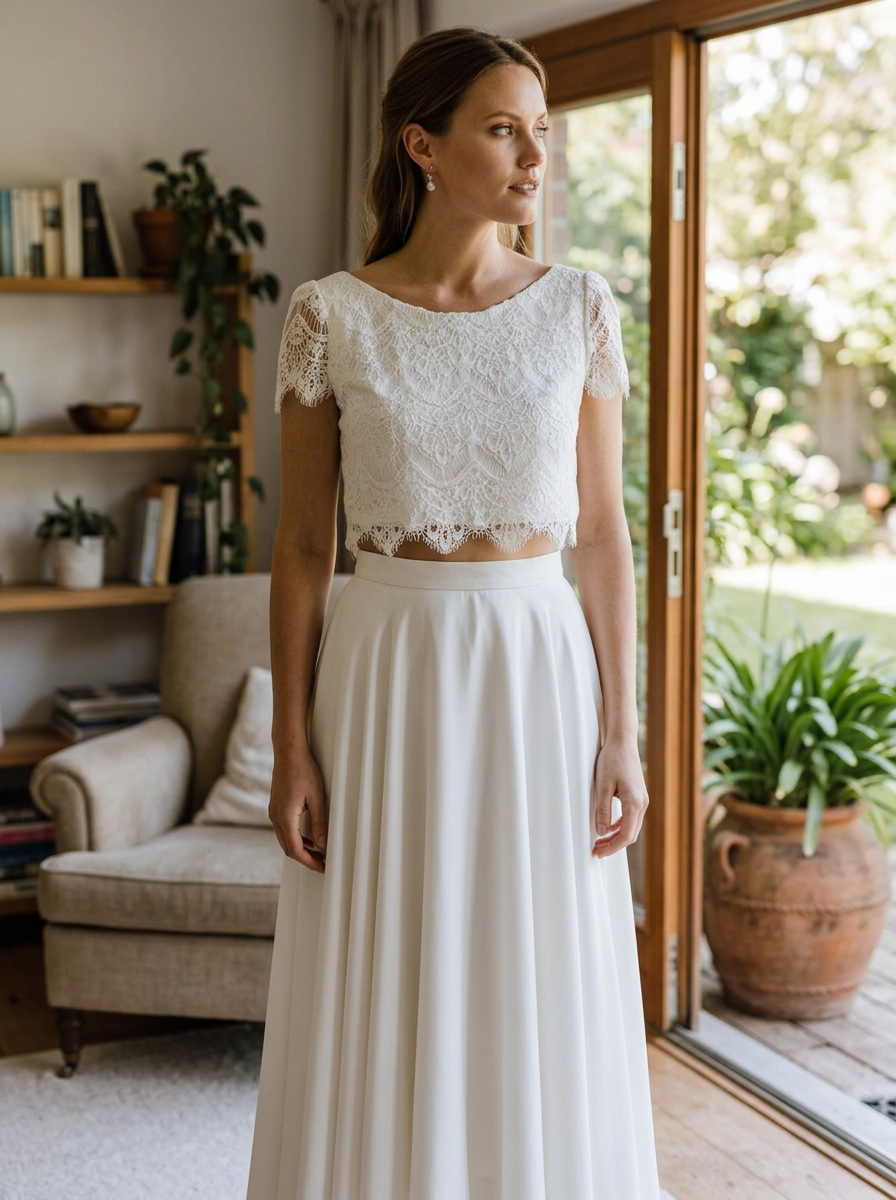 Brautkleid für die Hochzeit zu Hause, schlichter Zweiteiler – Ansicht 4