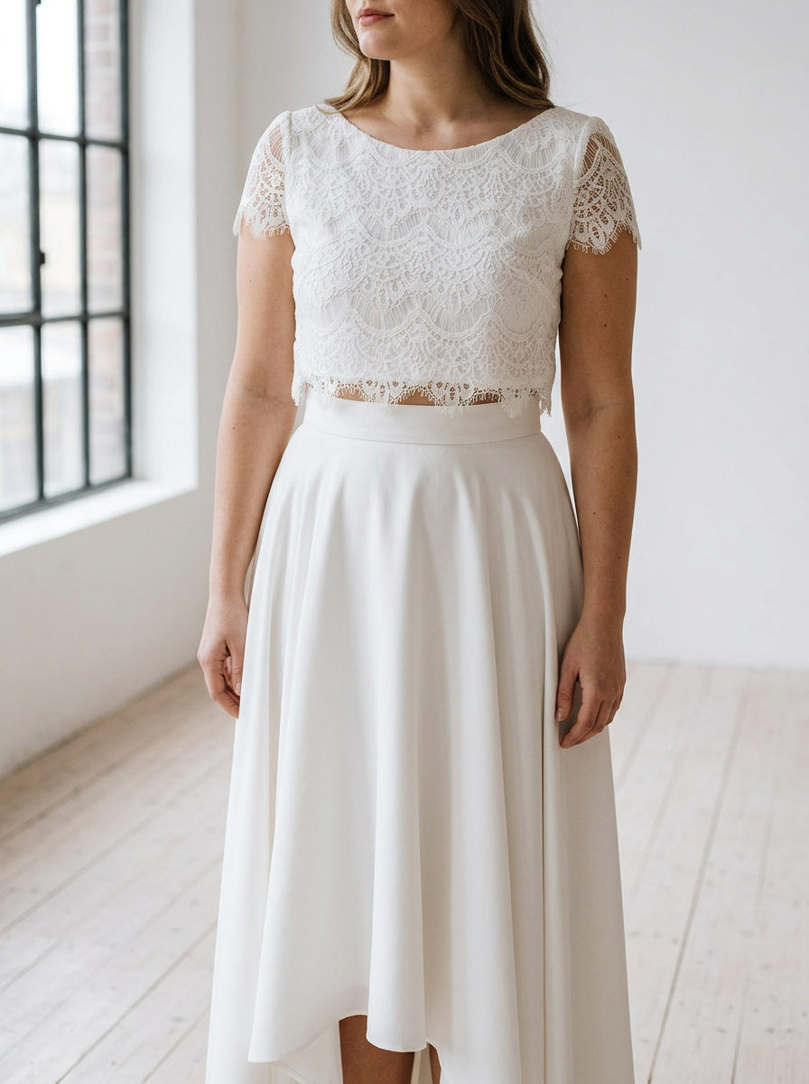 Brautkleid ohne Korsett, Zweiteiler mit weichem Spitzenoberteil – Ansicht 4