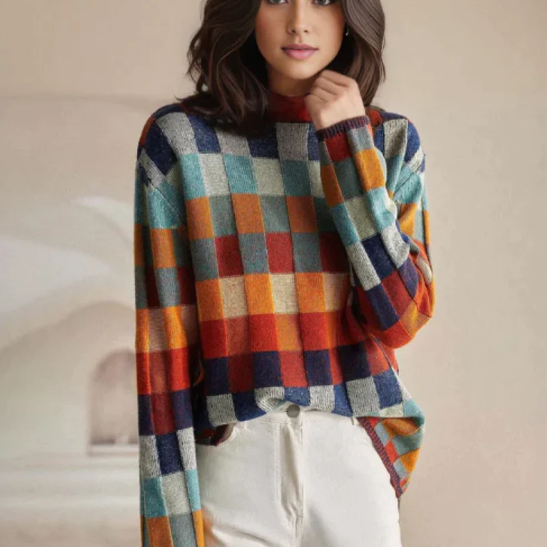 Emily – Damen Karierter Strickpullover Mit Rundhalsausschnitt