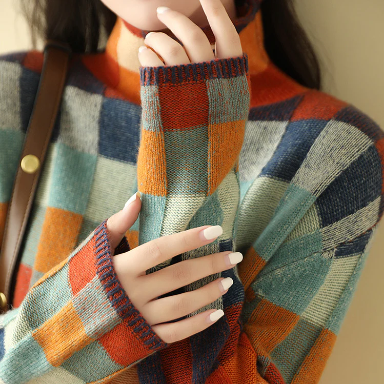 Emily – Damen Karierter Strickpullover Mit Rundhalsausschnitt