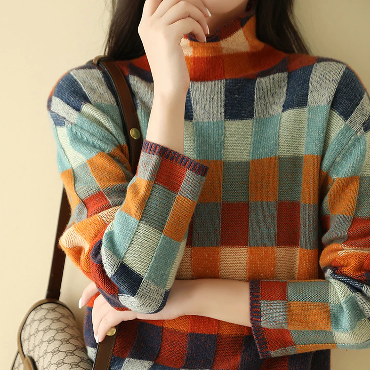 Emily – Damen Karierter Strickpullover Mit Rundhalsausschnitt