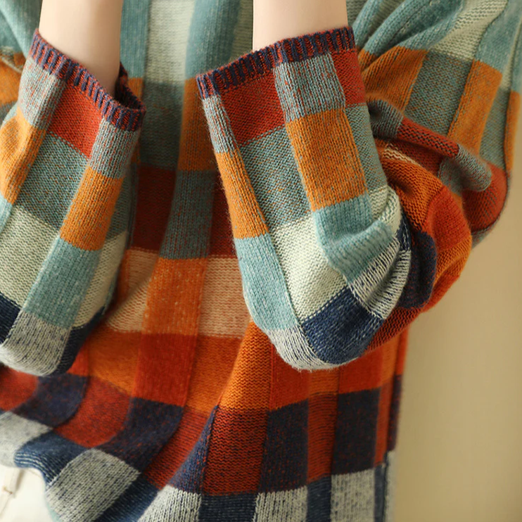 Emily – Damen Karierter Strickpullover Mit Rundhalsausschnitt