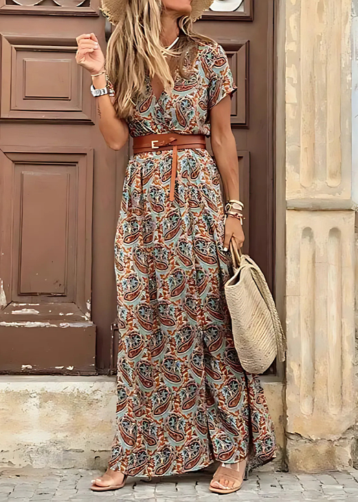 Lena – Damen Boho Maxikleid mit V-Ausschnitt und Schlitz