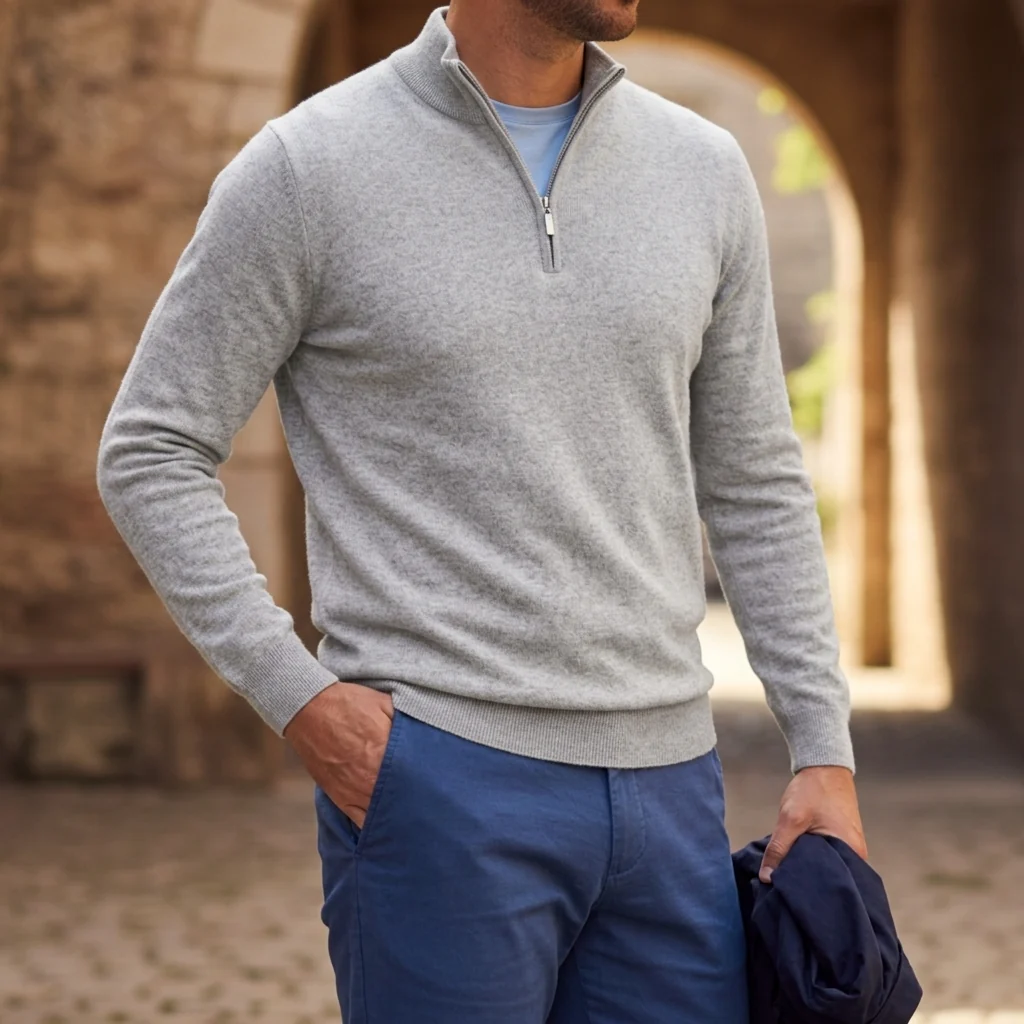 Herrenpullover mit Reißverschluss und strukturiertem Design | A&B - 4 - Annoboutique