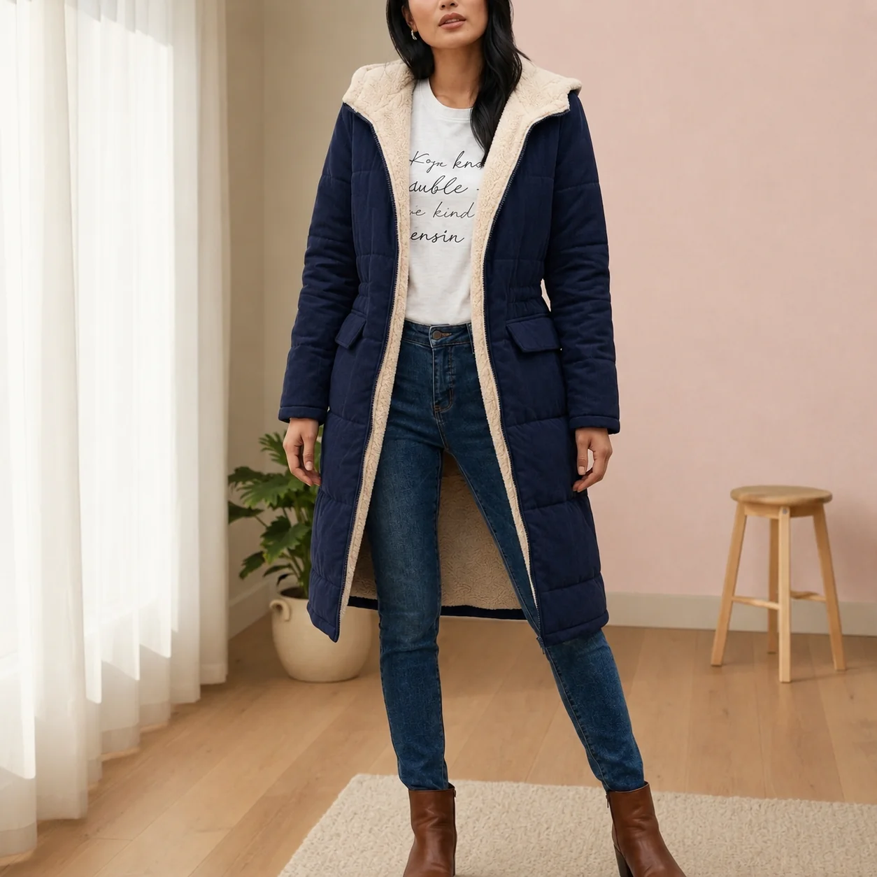 Damen Daunenjacke in Langform mit Kapuze und weichem Innenfutter | A&B - 11 - Annoboutique