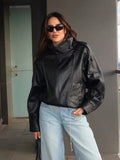 Damen Bikerjacke im Oversize-Stil mit hohem Kragen und asymmetrischem Reißverschluss | A&B - 1 - Annoboutique