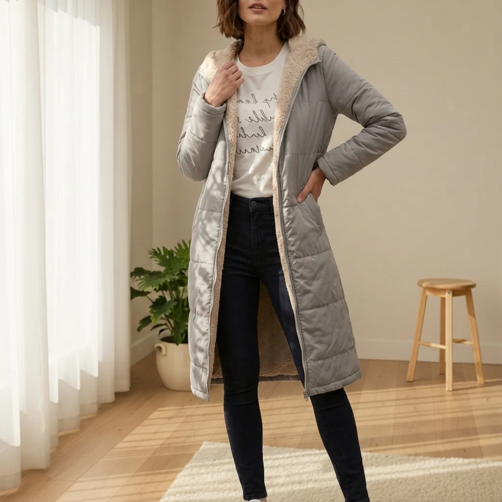 Damen Daunenjacke in Langform mit Kapuze und weichem Innenfutter | A&B - 12 - Annoboutique