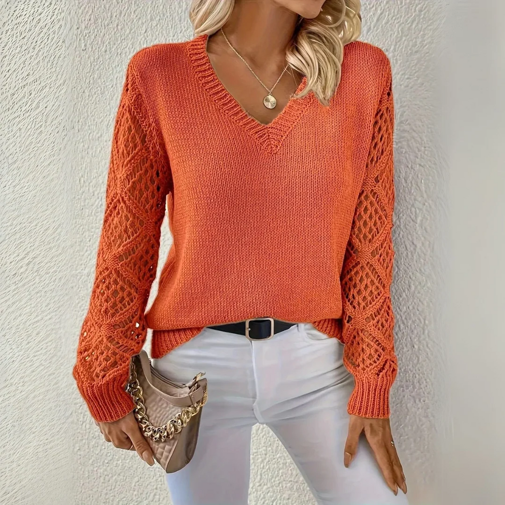 V-Ausschnitt Pullover Damen mit strukturierten Ärmeln und lockerer Passform | A&B - 3 - Annoboutique