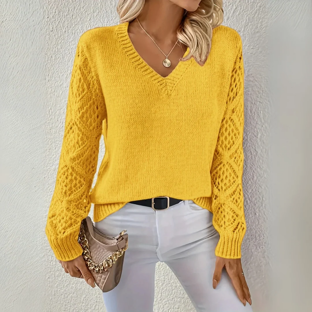 V-Ausschnitt Pullover Damen mit strukturierten Ärmeln und lockerer Passform | A&B - 4 - Annoboutique