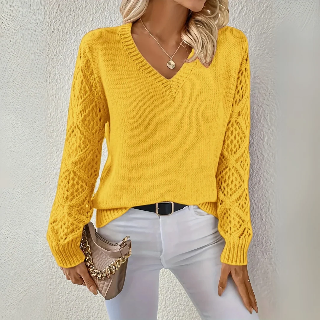 V-Ausschnitt Pullover Damen mit strukturierten Ärmeln und lockerer Passform | A&B - 4 - Annoboutique