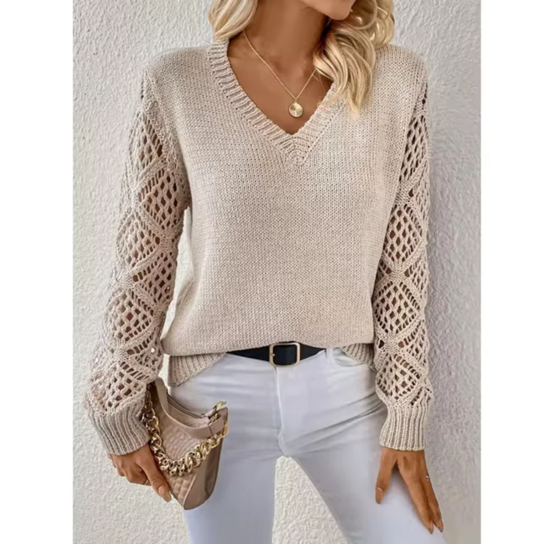V-Ausschnitt Pullover Damen mit strukturierten Ärmeln und lockerer Passform | A&B - 8 - Annoboutique