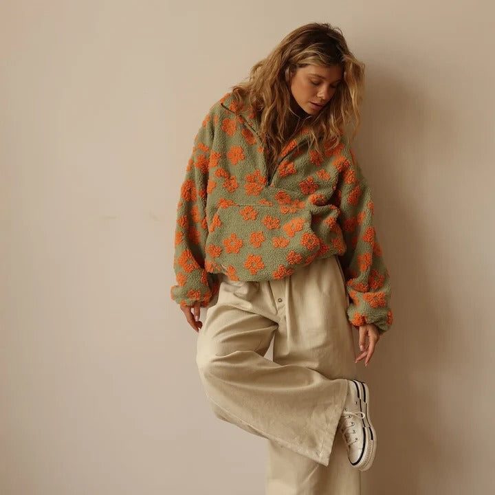 Oversize Damenjacke mit floralem Design und halbem Reißverschluss | A&B - 7 - Annoboutique