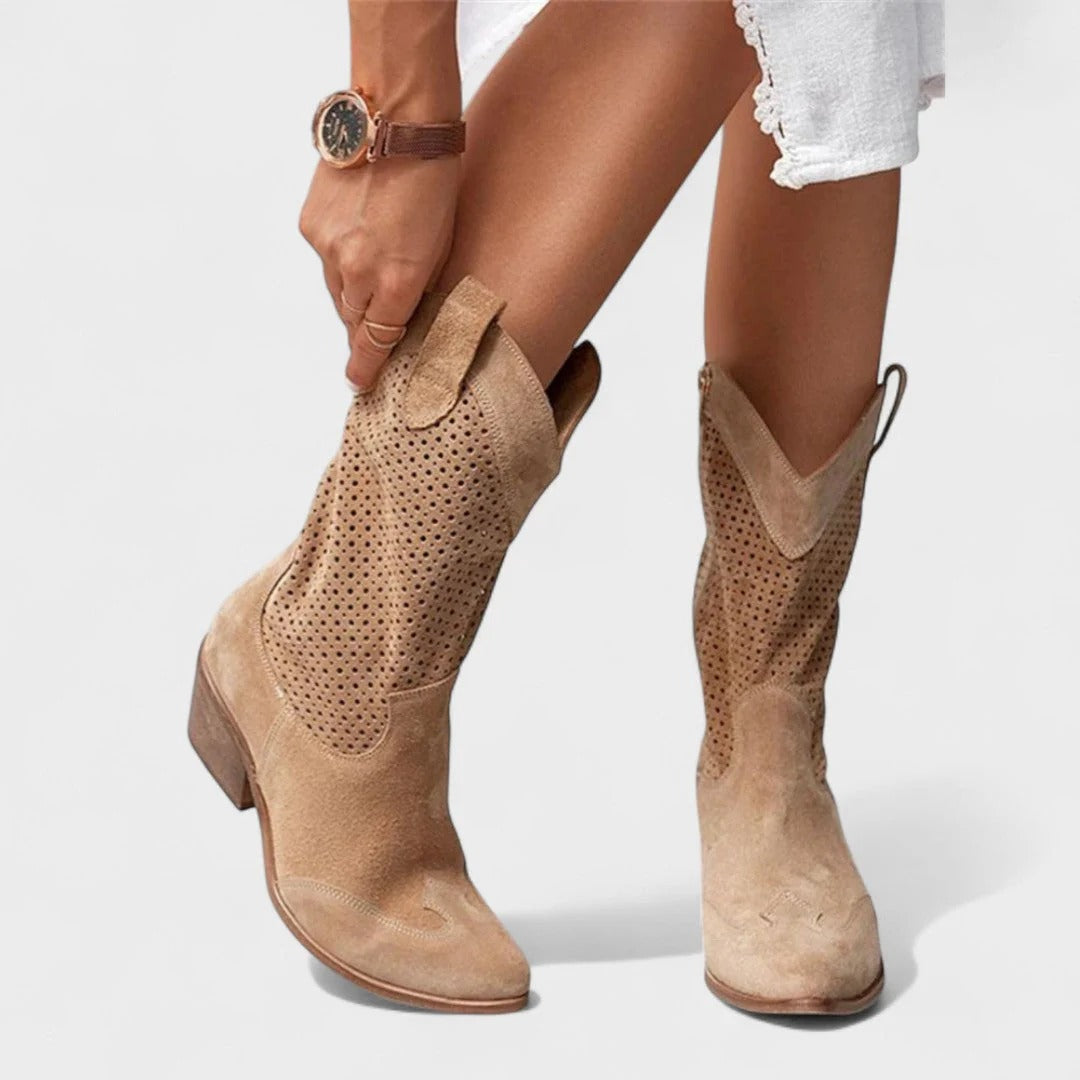 Damenstiefel im Western-Design mit Blockabsatz und Lochmustern | A&B - 2 - Annoboutique
