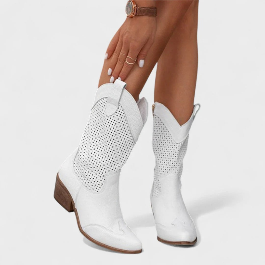 Damenstiefel im Western-Design mit Blockabsatz und Lochmustern | A&B - 3 - Annoboutique