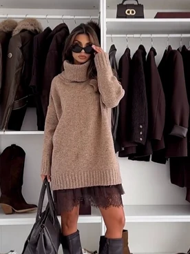 Oversized Pullover Damen mit Rollkragen und Spitze | A&B - 2 - Annoboutique