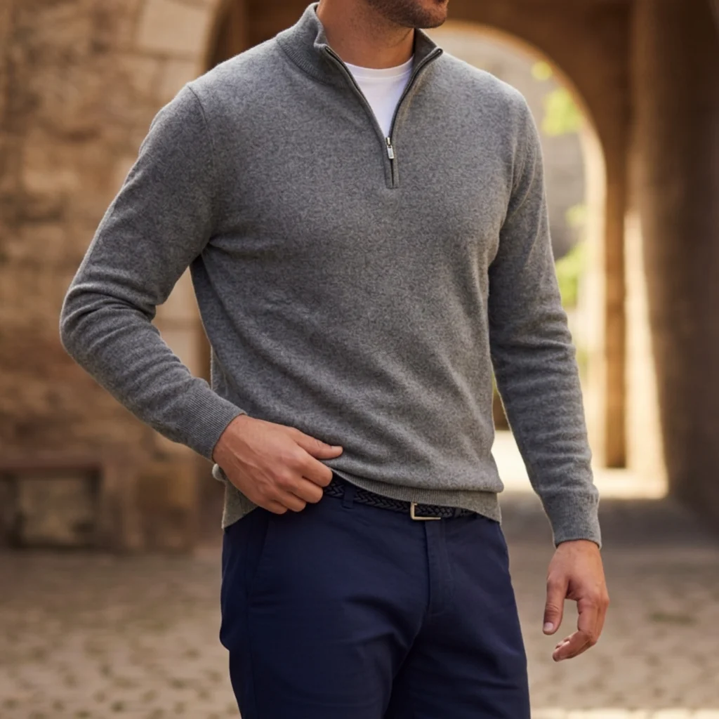 Herrenpullover mit Reißverschluss und strukturiertem Design | A&B - 3 - Annoboutique