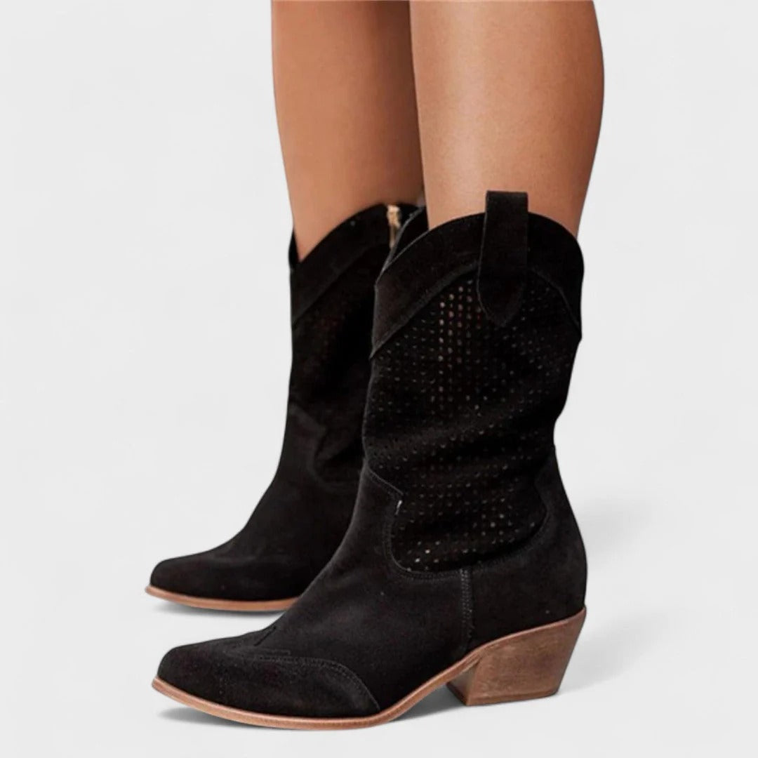 Damenstiefel im Western-Design mit Blockabsatz und Lochmustern | A&B - 4 - Annoboutique