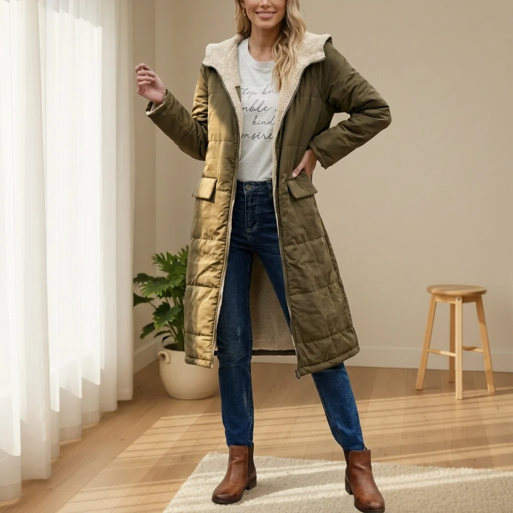 Damen Daunenjacke in Langform mit Kapuze und weichem Innenfutter | A&B - 8 - Annoboutique