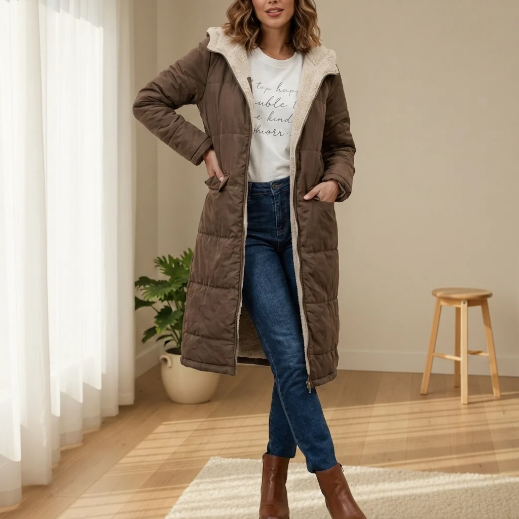 Damen Daunenjacke in Langform mit Kapuze und weichem Innenfutter | A&B - 9 - Annoboutique
