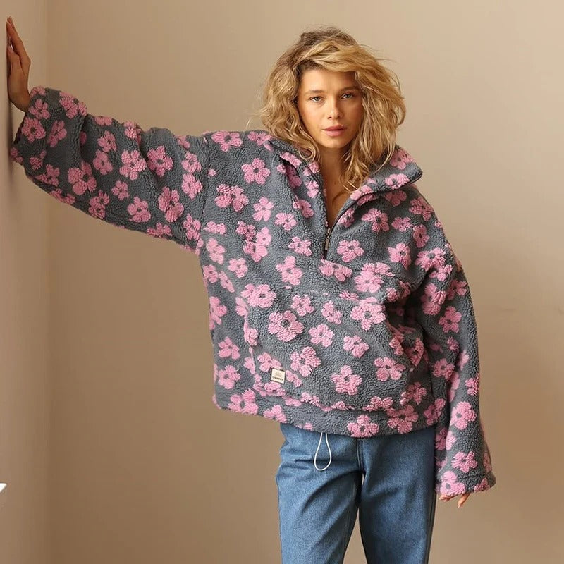 Oversize Damenjacke mit floralem Design und halbem Reißverschluss | A&B - 3 - Annoboutique