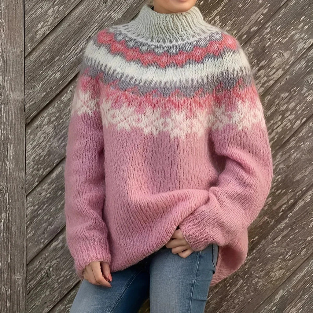 Liora – Damen Strickpullover mit Norwegermuster und Stehkragen