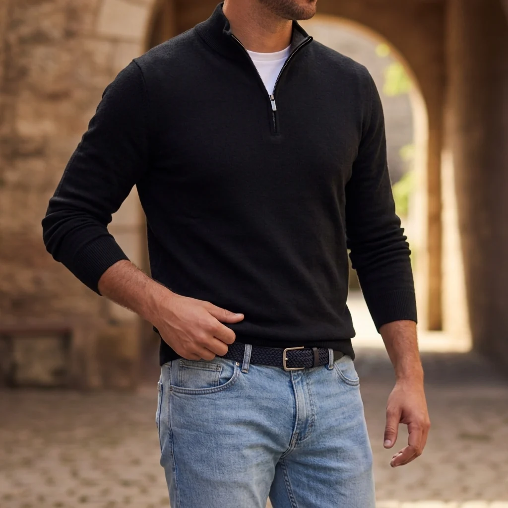 Herrenpullover mit Reißverschluss und strukturiertem Design | A&B - 2 - Annoboutique